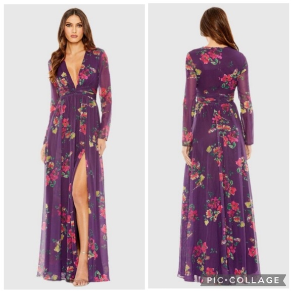 Mac Duggal 68558 Plunge Neck Chiffon Gown Purple Floral 10‎